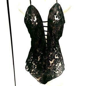 VTG Cassini Black Velvet Burnout Cutout Teddy Chemise Bodysuit